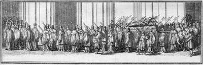 Funeral de un papa en el siglo XVIII: el cuerpo del papa llevado a la Iglesia de San Pedro en Roma. Grabado en “Histoire des religions” de French School