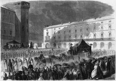 Funeral del Conde de Cavour, Turín, 7 de junio de 1861: procesión fúnebre llevando el ataúd de Camillo Benso, Conde de Cavour (1810-1861), político italiano. Grabado en 