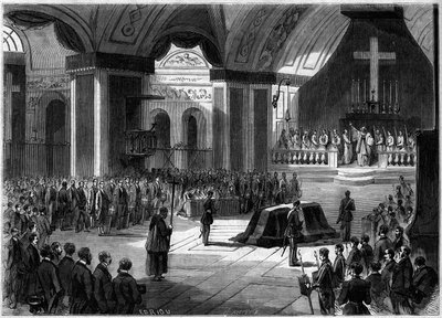 Funeral del Conde de Cavour, Turín, 7 de junio de 1861: vista interior de la iglesia de la Madonna de los Ángeles durante la ceremonia. Grabado en 