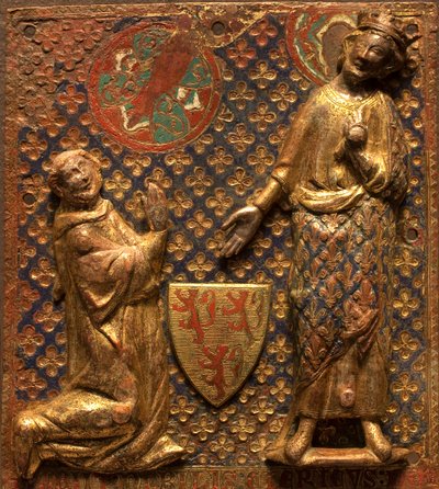 Placa funeraria: Guy de Meyos arrodillado ante San Luis (Luis IX de Francia de French School