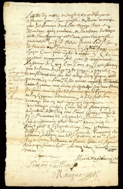 Contrato de comercio de pieles entre Francois Francoeur y cuatro voyageurs para el transporte de mercancías y la compra de pieles de castor en Michilimackinac y Chicago, 1692 de French School