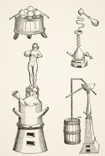 Horno, retortas, alambiques y aparatos de destilación utilizados por químicos y alquimistas en el siglo XVI, de Ciencia y Literatura en la Edad Media por Paul Lacroix (1806-84) publicado en Londres 1878 de French School