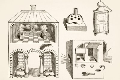 Hornos y diversos aparatos utilizados por químicos y alquimistas en la Edad Media, según un grabado de Vriese, de Science and Literature in The Middle Ages de Paul Lacroix pub. Londres 1878 de French School