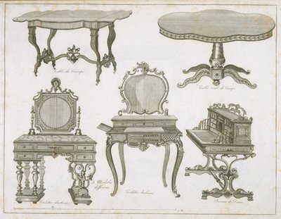 Diseños de muebles por Lefevre-Chauveaux, del Álbum Dessins de Meubles, grabado en blanco y negro de French School
