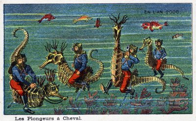 Días futuros: Una visión del siglo XIX del año 2000 - Serie “En el año 2000”: Los buzos a caballo (bajo el mar). Cromolitografía de Villemard de French School