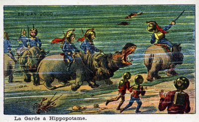 Días futuros: Una visión del siglo XIX del año 2000 - Serie “En el año 2000”: El guardia en el hipopótamo (bajo el mar). Cromolitografía de Villemard de French School