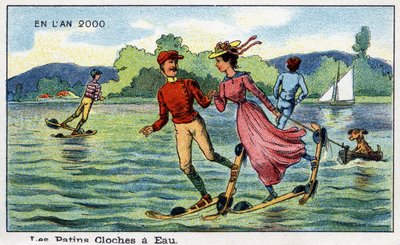 Días futuros: Una visión del siglo XIX del año 2000 - Serie “En el año 2000”: Patines de campanas de agua. Cromolitografía de Villemard de French School