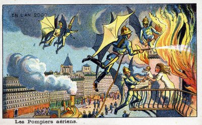 Días futuros: Una visión del siglo XIX del año 2000 - Serie “En el año 2000”: los bomberos aéreos - Cromolitografía de Villemard de French School