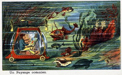 Días futuros: Una visión del siglo XIX del año 2000 - Serie “En el año 2000”: Un paisaje oceánico (un pintor pintando el paisaje bajo el mar en un pequeño vehículo submarino). Cromolitografía de Villemard de French School