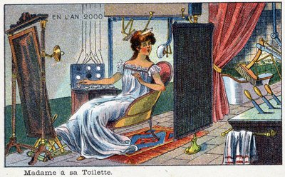Días futuros: Una visión del siglo XIX del año 2000 - Serie “En el año 2000”: Madame en su tocador (automatizado). Cromolitografía de Villemard de French School