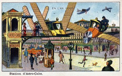 Días futuros: Una visión del siglo XIX del año 2000 - Serie “En el año 2000”: Estación de aerocabinas - Cromolitografía de Villemard de French School