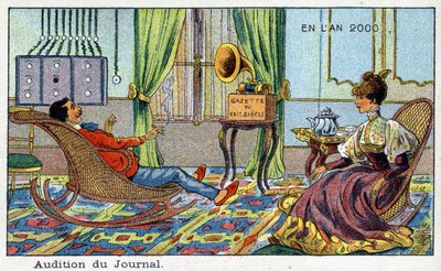 Días futuros: Una visión del siglo XIX del año 2000 - Serie “En el año 2000”: Audición del periódico (radio). Cromolitografía de Villemard de French School