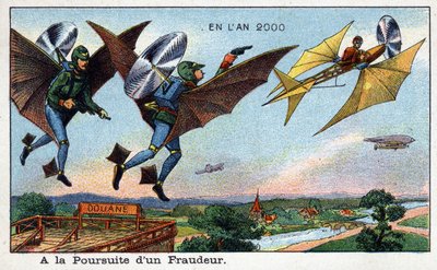 Días futuros: Una visión del siglo XIX del año 2000 - Serie “En el año 2000”: una persecución de un fraude en la aduana. Cromolitografía de Villemard de French School