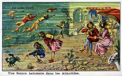 Días futuros: una visión del siglo XIX del año 2000 - Serie "En el año 2000": una temporada en la playa en Atlantis. Cromolitografía de Villemard de French School