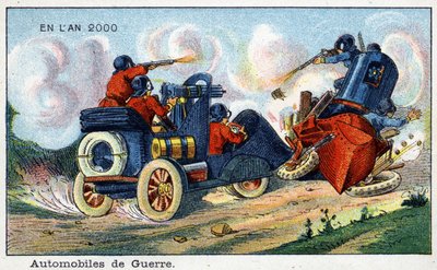 Días futuros: Una visión del siglo XIX del año 2000 - Serie “En el año 2000”: Automóvil de guerra. Cromolitografía de Villemard de French School