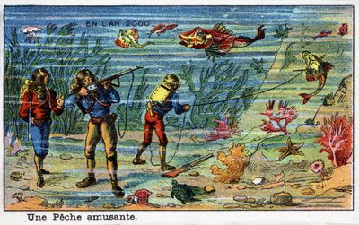 Días futuros: Una visión del siglo XIX del año 2000 - Serie “En el año 2000”: Una pesca divertida (bajo el mar). Cromolitografía de Villemard de French School