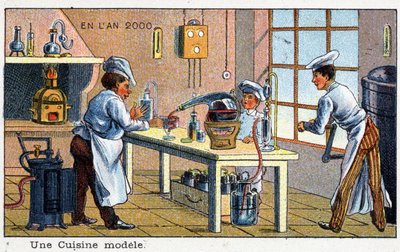 Días futuros: Una visión del siglo XIX del año 2000 - Serie: Una cocina modelo. Cromolitografía de Villemard de French School