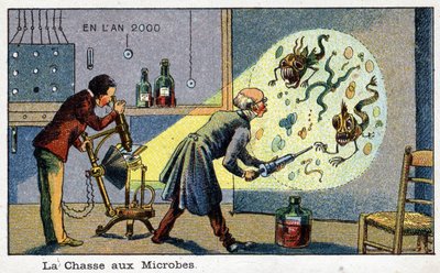 Días futuros: Una visión del siglo XIX del año 2000 - La caza de microbios (2 científicos removiendo microbios agrandados usando una máquina) de French School