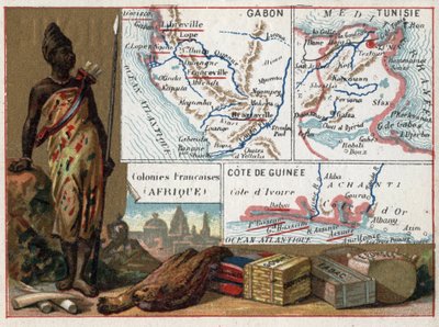 Gabón, Túnez y la Costa de Guinea en África. Serie sobre las colonias francesas. Materia prima: goma, esponja, tabaco y sedas, marfil. Cromolitografía, circa 1920. Colección privada. de French School