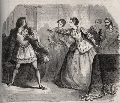 Gabrielle de Vergy disputa con su prometido, Eudes de Fayel, quien está celoso de la amistad que tiene con su primo, Albert de Nozereau. Escena de una leyenda del siglo XII. Grabado de 1871 en “Histoire Des Cocus Celebres” por Henry de Kock (1819-1892). de French School