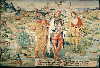 Galathes, 11º Rey de los Galos con un mapa de Galia detrás (detalle) de French School