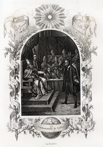 Galileo Galilei (1564-1642) ante el Santo Oficio en el Vaticano. El astrónomo fue sentenciado por el Tribunal de la Inquisición en 1632. Grabado para ilustrar Histoire des popes de Maurice Lachatre (1814-1900), librería del progreso, París. de French School