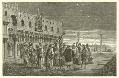 Galileo muestra los satélites de Júpiter a los senadores de Venecia (grabado) de French School