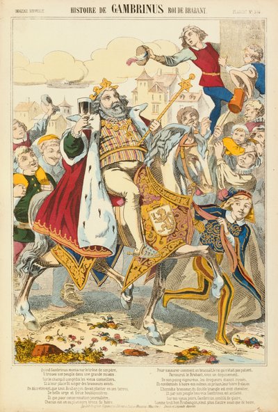 Gambriunus, legendario rey de Flandes, hoja publicada por Verlag Haguenthal, Pont-a-Mousson, 1860 de French School