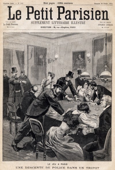 Casa de juegos en París: Redada policial en un club de juego (casino). En el periódico "Le Petit Parisien" el 26/02/1893 (grabado) de French School