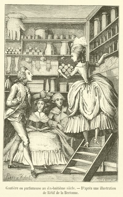 Guantiera o perfumista en el siglo XVIII (grabado) de French School