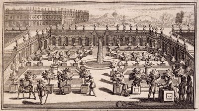 Jardineros trabajando en un jardín de naranjas, de Le Parfait Jardinier, ou Instruction pour les Jardins Fruitiers et Potager, por Jean de la Quintinye, publicado en 1695 de French School