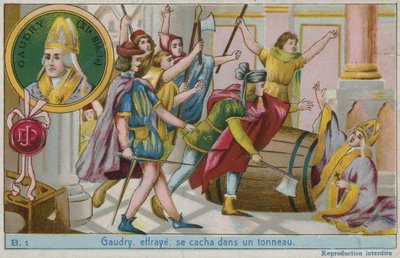 Gaudry, asustado, escondido en un barril de French School