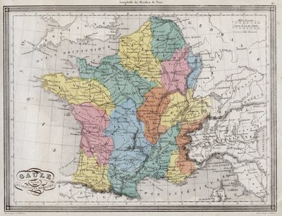 La Galia dividida en provincias romanas - Lámina extraída de “Atlas Universal de geografía antigua y moderna para escuelas residenciales” por Vuillemin - ca. 1845 de French School
