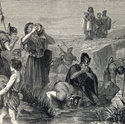 Gedeón (Gedeon) llamado por Dios para derrotar a los Madianitas escoge a sus soldados de entre los que beben mientras se llevan el agua a la boca (Gideon o Gedeon escoge a sus soldados quedándose sólo con los que se llevan el agua a la boca, y mientras lo  de French School