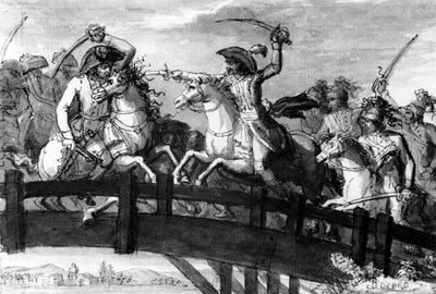 General Alexandre Dumas, el Horacio Cocles del Tirol, matando solo a tres oponentes austriacos en el Puente de Clausen en 1797, c.1797 de French School