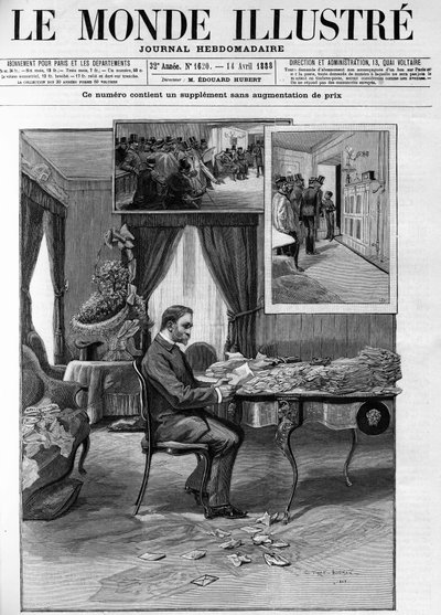El general Georges Boulanger (1837-1891) en el Hotel du Louvre procediendo con el examen de la correspondencia en 
