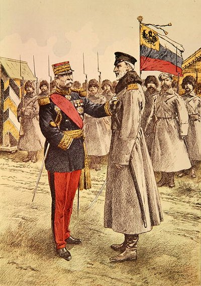 El General Pau entrega una condecoración francesa al Comandante en Jefe ruso, Gran Duque Nicolás de French School