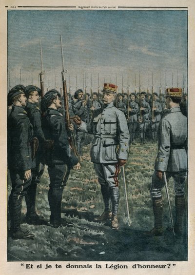 General Petain inspeccionando el 42º Regimiento de Infantería de Montaña, y qué si te doy la Legión de Honor, ilustración de contraportada de Le Petit Journal, suplemento ilustrado, 23 de septiembre de 1917 de French School