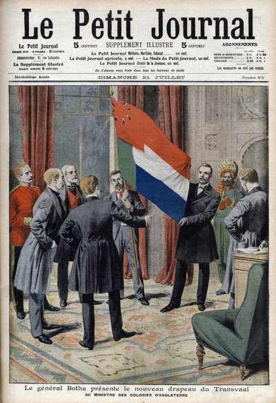 El General Pieter Willem Botha (un bóer) presenta la nueva bandera del Transvaal (Sudáfrica) al Ministro Colonial Inglés Lord Elgin - En "Le Petit Journal" del 21 de julio de French School