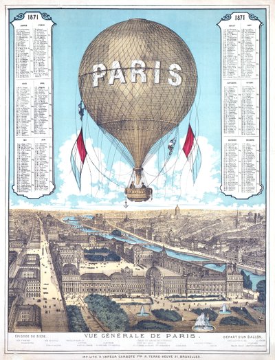 Vista general de París y lista de ubicaciones de salida de globos durante el Sitio de París, 1871 de French School