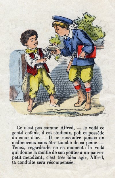Generosidad. Niño dando la mitad de su merienda a un pequeño mendigo. Alfabeto de niños pequeños. Abecedario con valor moral que contiene ejercicios de lectura. Imágenes de Epinal finales del siglo XIX de French School