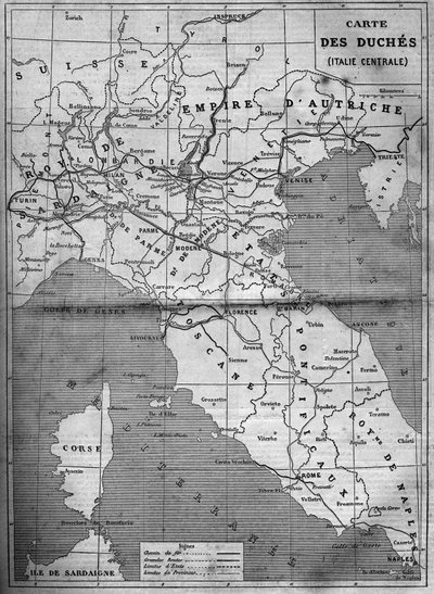 Mapa geográfico de los ducados de Italia Central en 1860. Grabado en "Le Monde Illustré" n°143 del 7 de enero de 1860 de French School