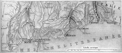 Mapa geográfico del Principado de Mónaco, en 1861, antes de que la ciudad de Roquebrune y Menton se unieran a Francia. Grabado en “Le Monde Illustré” n°202 del 23 de febrero de 1861. de French School