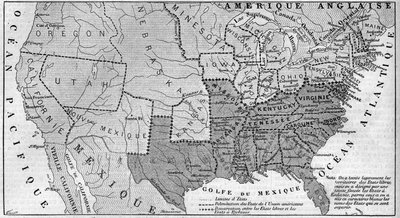 Mapa geográfico de los Estados Unidos de América en marzo de 1861. Los estados esclavistas están representados en la carrera. Escrito en blanco, los nombres de los siete estados confederados que se separaron de la Unión: Texas, Carolina del Sur, Mississipp de French School