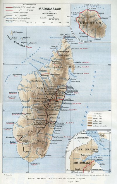 Mapa geográfico de la colonia de Madagascar y sus dependencias, la Reunión y la costa francesa de Somalia. en "La mise en valeur des colonies francaises", Albert Sarraut de French School