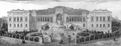 Vista geométrica del Palais de Longchamp en Marsella, Bouches du Rhône (13), construido en 1862 por Henri Jacques Espérandieu (1829-1874). Grabado en 