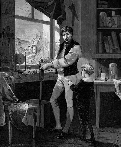 George Stephenson, ingeniero británico (1781-1848) con su hijo de French School
