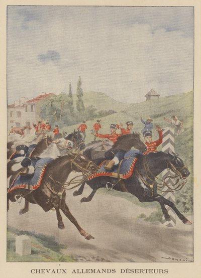 Caballos del ejército alemán "desertando" en la frontera francesa (litografía en color) de French School
