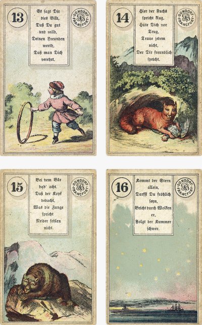 Edición alemana del mazo de cartomancia francés Lenormand: El Niño, El Zorro, El Oso, La Estrella, publicado por Dondorf, Frankfurt, siglo XIX de French School