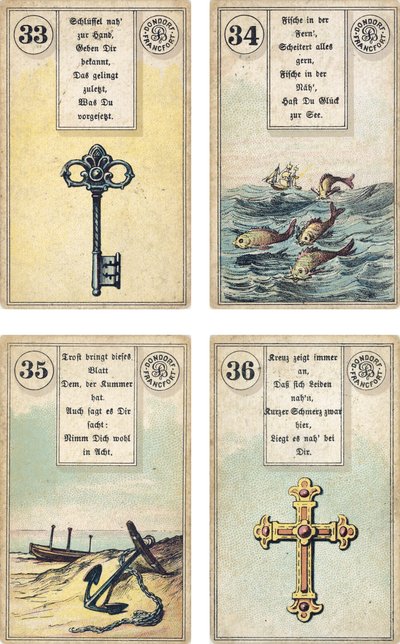 Edición alemana del mazo de cartomancia francés Lenormand: La Llave, El Pez, El Ancla, La Cruz, publicado por Dondorf, Frankfurt, siglo XIX de French School